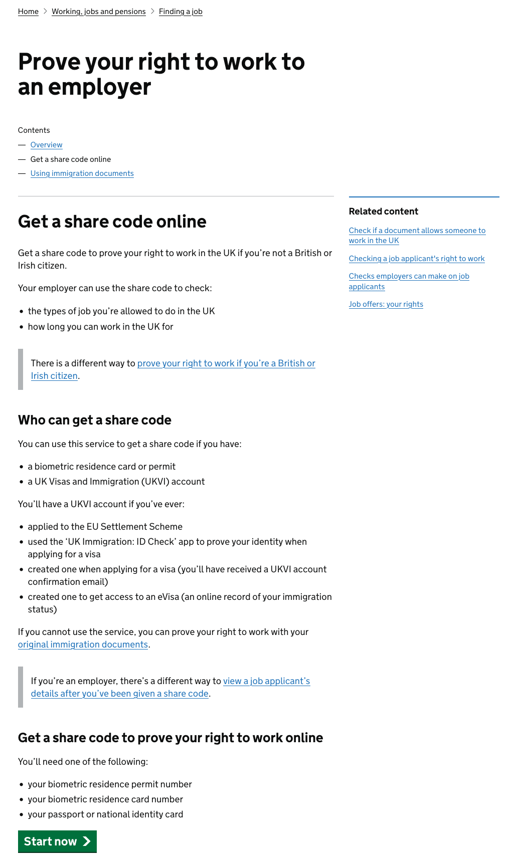 A screenshot showing an example of a start point within a multipart guide. The page is shown as part of a set of pages and its body text explains what the user will need to use the service, followed by a start button labelled 'Apply now'.